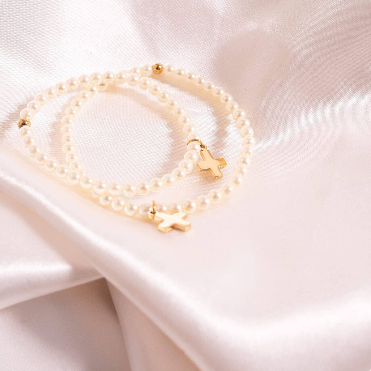 18k Gold PVD Stainless Steel Pearl Cross Bracelet (Kids)