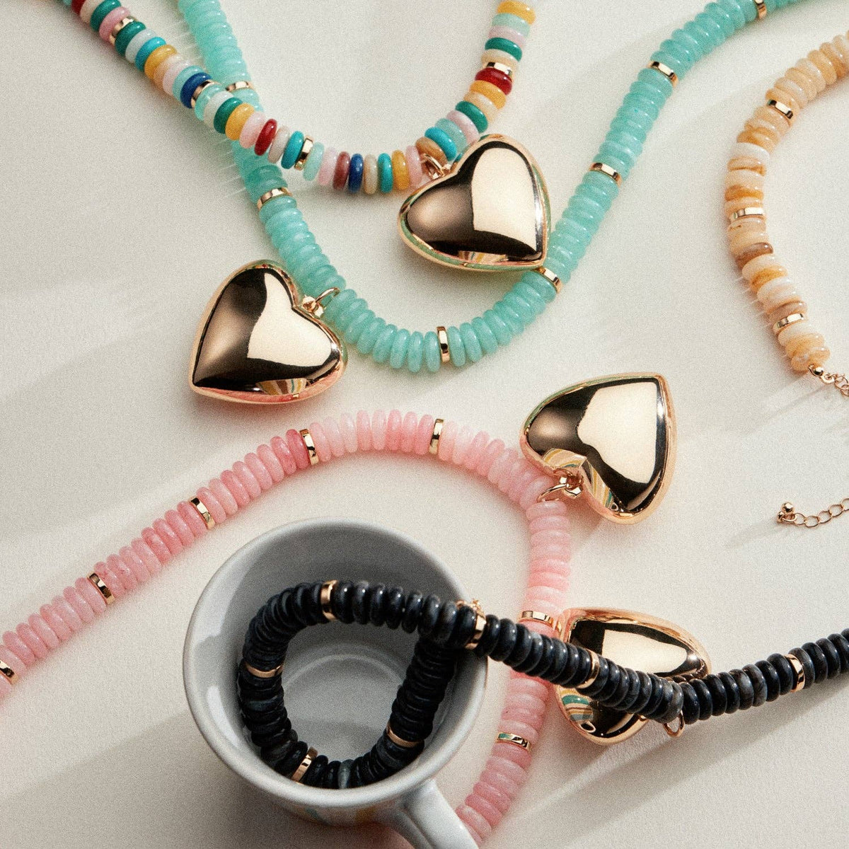 Gold Heart Pendant Resin Beaded Necklace