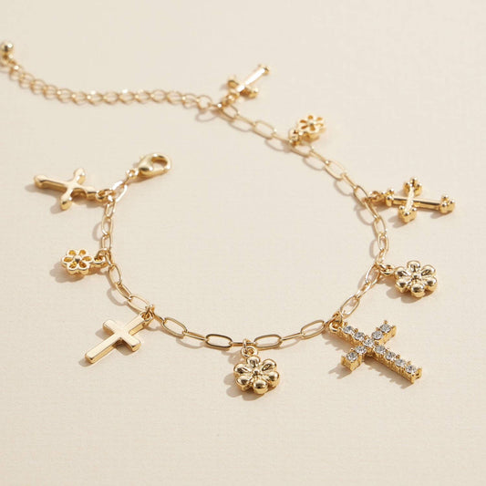 Alloy Floral and Cross Charm Chain Bracelet