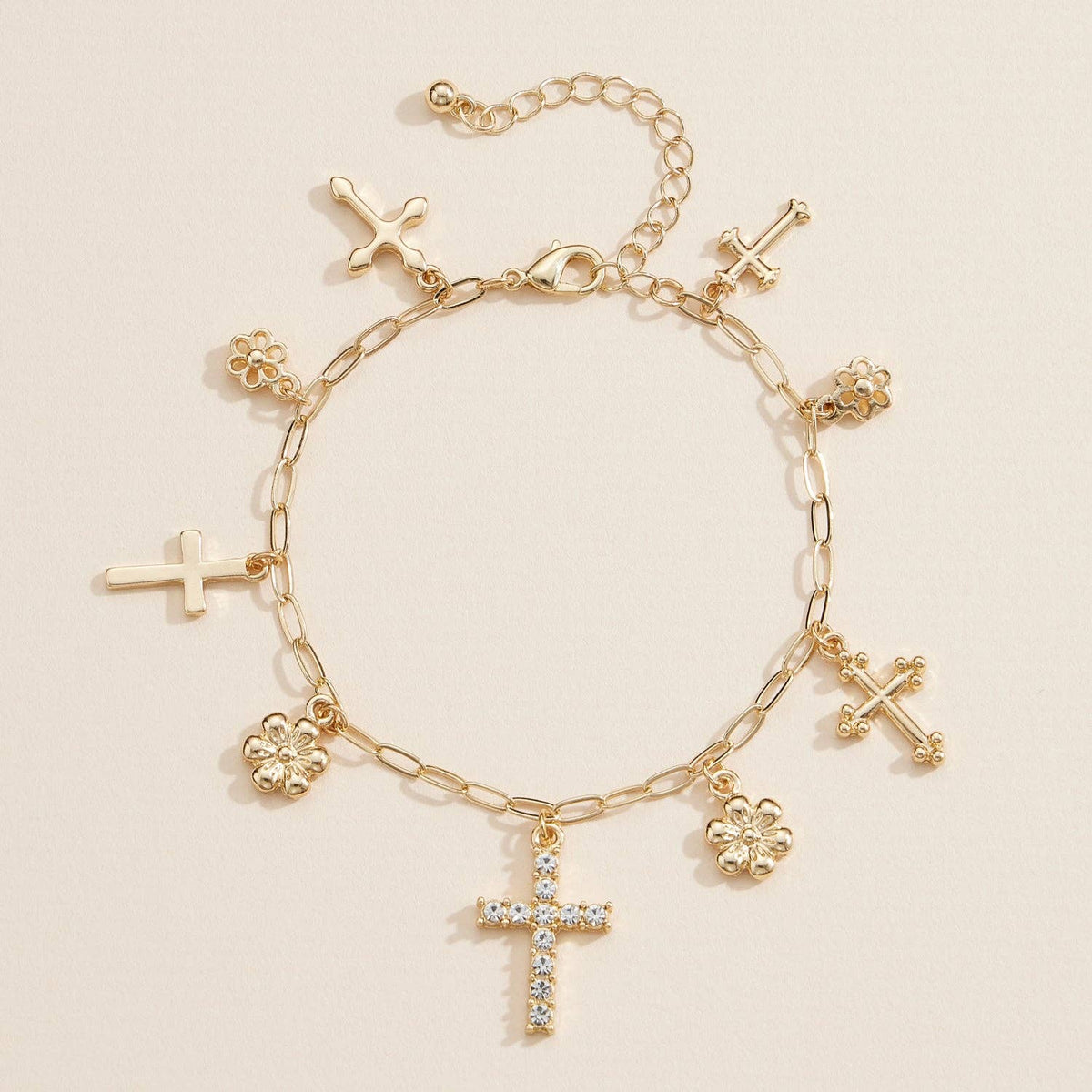 Alloy Floral and Cross Charm Chain Bracelet