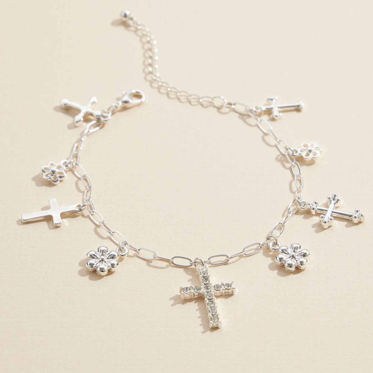 Alloy Floral and Cross Charm Chain Bracelet